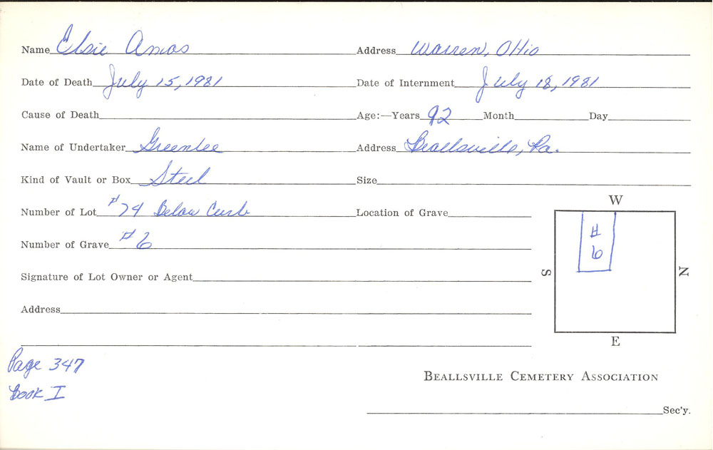 Elsie Amos burial card